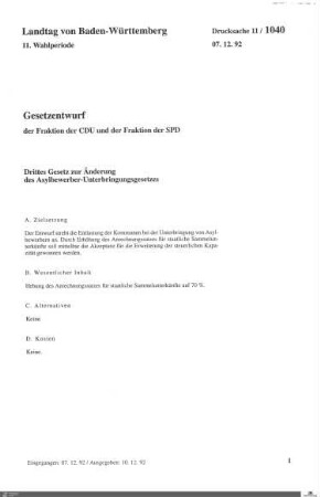 Gesetzentwurf von CDU / SPD: Änderung Asylbewerber-Unterbringungsgesetz