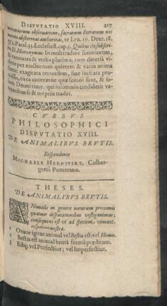 Cursus Philosophici Disputatio XVIII. De Animalibus Brutis. Respondente Michaele Hernwirt, Colbergensi Pomerano.