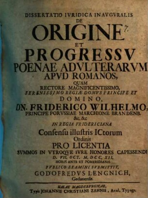 Diss. iur. inaug. de origine et progressu poenae adulterarum apud Romanos
