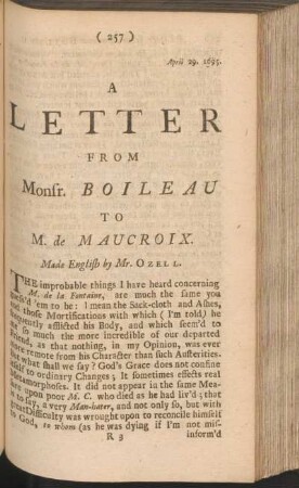 A Letter from Monsr. Boileau to M. de Maucroix
