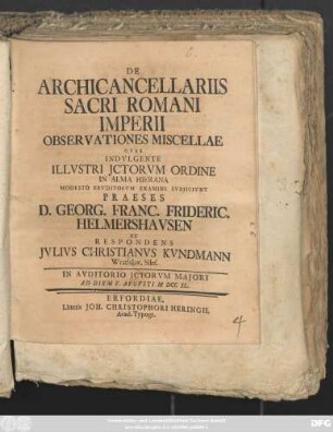 De Archicancellariis Sacri Romani Imperii Observationes Miscellae