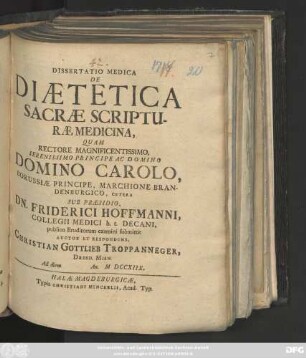 Dissertatio Medica De Diætetica Sacræ Scripturæ Medicina