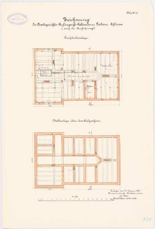Amtsgerichtsgefängnis, Liebau: Grundriss Balkenlage in Erdgeschoss und Dachgeschoss 1:100
