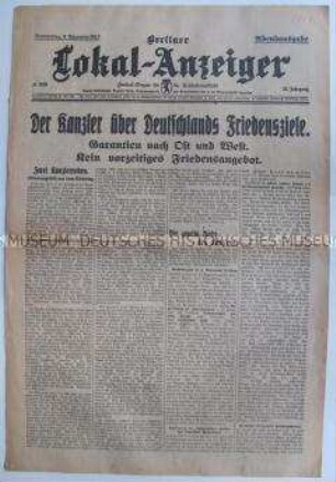Titelblatt des "Berliner Lokal-Anzeiger" zu einer Rede von Reichskanzler Bethmann-Hollweg vor dem Reichstag