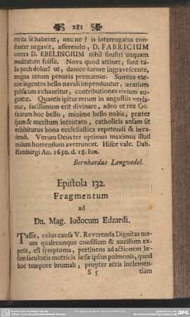Epistola 132. Fragmentum ad Dn. Mag. Iodocum Edzardi