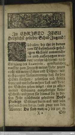 In Christo Jesu Hertzlichst geliebte Schul-Jugend!
