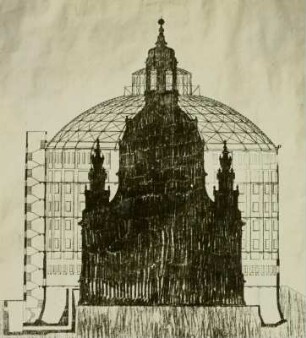 Unbekannter Künstler. Größenvergleich: Großer Gasbehälter und Frauenkirche
