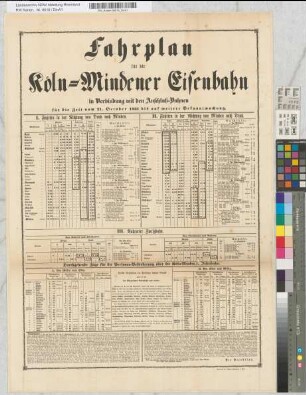 Fahrplan für die Köln-Mindener Eisenbahn in Verbindung mit den Anschluß-Bahnen für die Zeit vom 21. Oktober 1855 bis auf weitere Bekanntmachung. Druck von M. DuMont-Schauberg in Köln