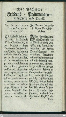 Die Aachische Friedens-Präliminarien Französisch und Teutsch