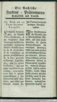 Die Aachische Friedens-Präliminarien Französisch und Teutsch