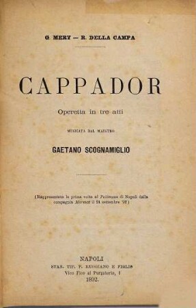 Cappador : operetta in tre atti