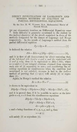 Direct investigation of Lagrange's and Monge's methods of solution of partial differential equations.