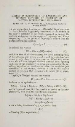 Direct investigation of Lagrange's and Monge's methods of solution of partial differential equations.