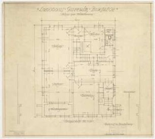 Landhaus Gurewitz, Berlin-Spandau: Grundriss Erdgeschoss 1:50, Skizze zur Möbelierung