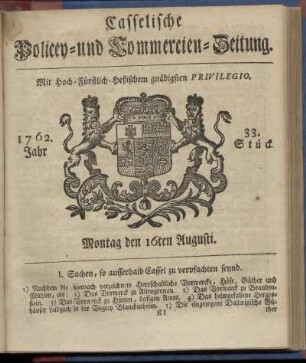 33. Stueck, Montag den 16ten Augusti 1762