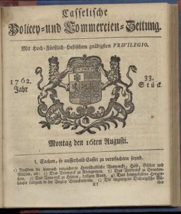 33. Stueck, Montag den 16ten Augusti 1762