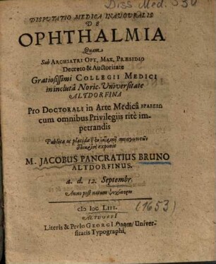 Dispvtatio Medica Inavgvralis De Ophthalmia