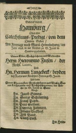 Gedenck daran Hamburg/ Oder eine Catechismus-Predigt von dem Dritten Gebot ...