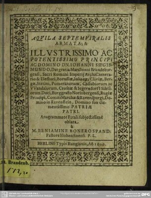Aquila septemviralis armata et Johanni Sigismundo ... oblata