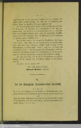 V. An die königliche Kreisdirection hierselbst