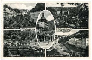Weltbad Karlsbad. Ansichtspostkarte mit fünf Motiven
