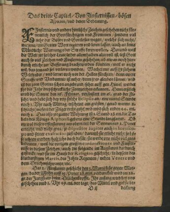 Das dritte Capitel/ Von Finsternissen/ bösen Aspecten/ und deren Bedeutung.