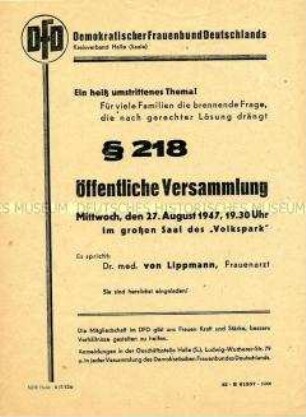 Einladung des DFD Halle zu einer öffentlichen Versammlung zum Thema § 218