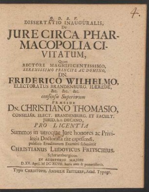 Dissertatio Inauguralis, De Iure Circa Pharmacopolia Civitatum