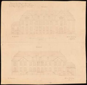 Wohnhaus Franz Wertheim, Berlin-Grunewald: Aufriss Vorderansicht, Gartenansicht, 1:100