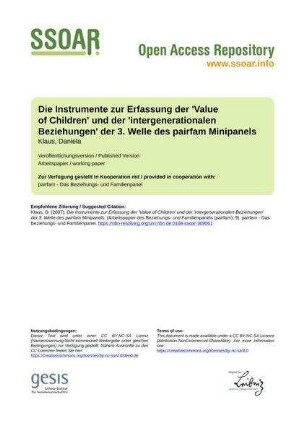 Die Instrumente zur Erfassung der 'Value of Children' und der 'intergenerationalen Beziehungen' der 3. Welle des pairfam Minipanels