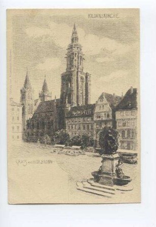 Marktplatz und Außenansicht der Kilianskirche von Nordwesten und den Häusern Kaiserstraße 32 und 34, mit Robert-Mayer-Denkmal und Marktständen