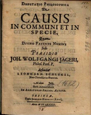 Disputatio Philosophica De Causis In Communi Et In Specie