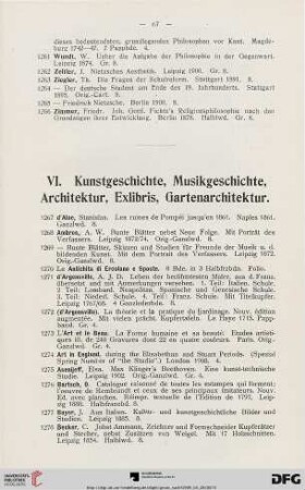Kunstgeschichte, Musikgeschichte, Architektur, Exlibris, Gartenarchitektur (Nr. 1267-1474)