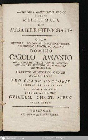 Dissertatio Inavgvralis Medica Sistens Meletemata De Atra Bile Hippocratis