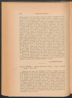 Ulloa, Alberto: "Derecho Internacional Público", Tomo I. Segunda edición, Lima, 1939
