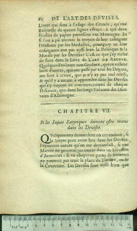 Chapitre VII. Si les Sujets Satyriques doivent estre receus dans les Devises.