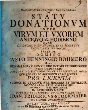 Dissertatio iuridica inauguralis de statu donationum inter virum et uxorem antiquo & hodierno