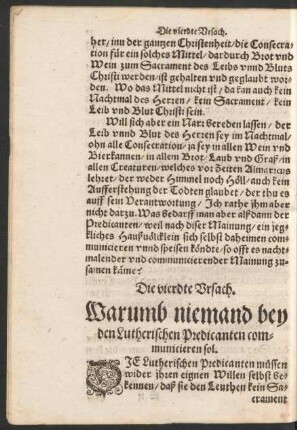 Die vierdte Ursach. Warumb niemand bey Lutherischen Predicanten communicieren sol.