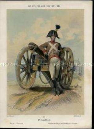 Uniformdarstellung, Artillerist am Geschütz, Österreich, 1809/1835. Tafel 71 aus: Gerasch: Das Oesterreichische Heer.