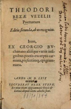 Theodori Bezae Vezelii Poematum Editio secunda, ab eo recognita