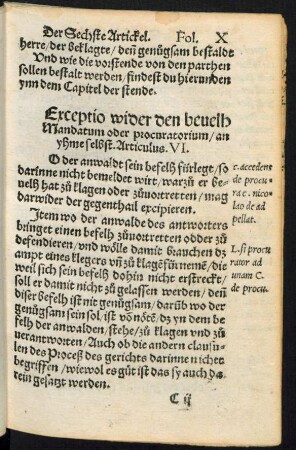 Exceptio wider den bevelh mandatum oder procuratorium/ an yhme selbst. Articulus. VI.