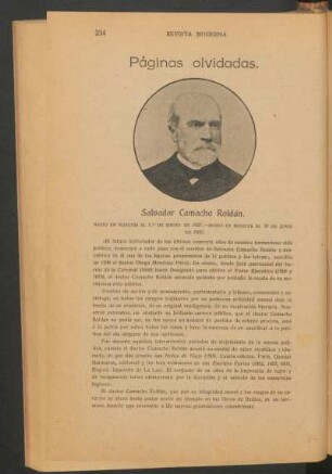 Páginas olviadas. : [Biografía de] Salvador Camacho Roldán.