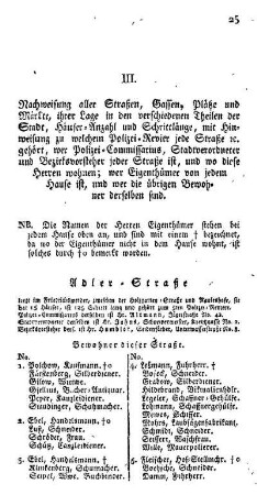 III. Nachweisung aller Straßen, Gassen, Plätze, Märkte... und Bewohner