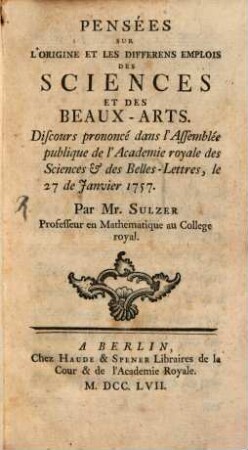 Pensées sur l'origine ... des sciences et des beaux-arts