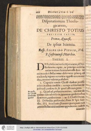 Disputationum Theologicarum, De Christo totius Ecclesiae Capite, prima