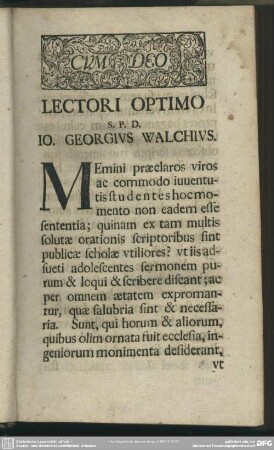 Lectori Optimo S. P. D. Io. Georgius Walchius