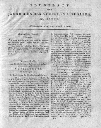 Verzeichniss der für dieses Sommerhalbejahr auf hiesiger Universität angekündigten Vorlesungen. Im Monat April 1801.