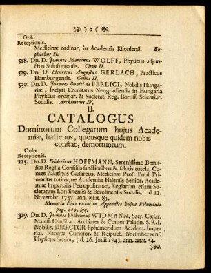 II. Catalogus Dominorum Collegarum hujus Academiae, hactenus, quosque quidem nobis constat, demortuorum