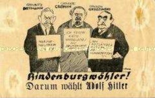 Illustriertes Propagandaflugblatt für die Wahl Hitlers bei der Reichspräsidentenwahl 1932 mit einer Karikatur auf führende Politiker der SPD