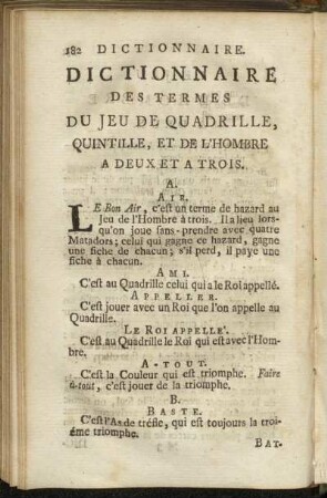 Dictionnaire des Termes du Jeu de Quadrille, Quintille, et de L´Hombre a Deux et a Trois.